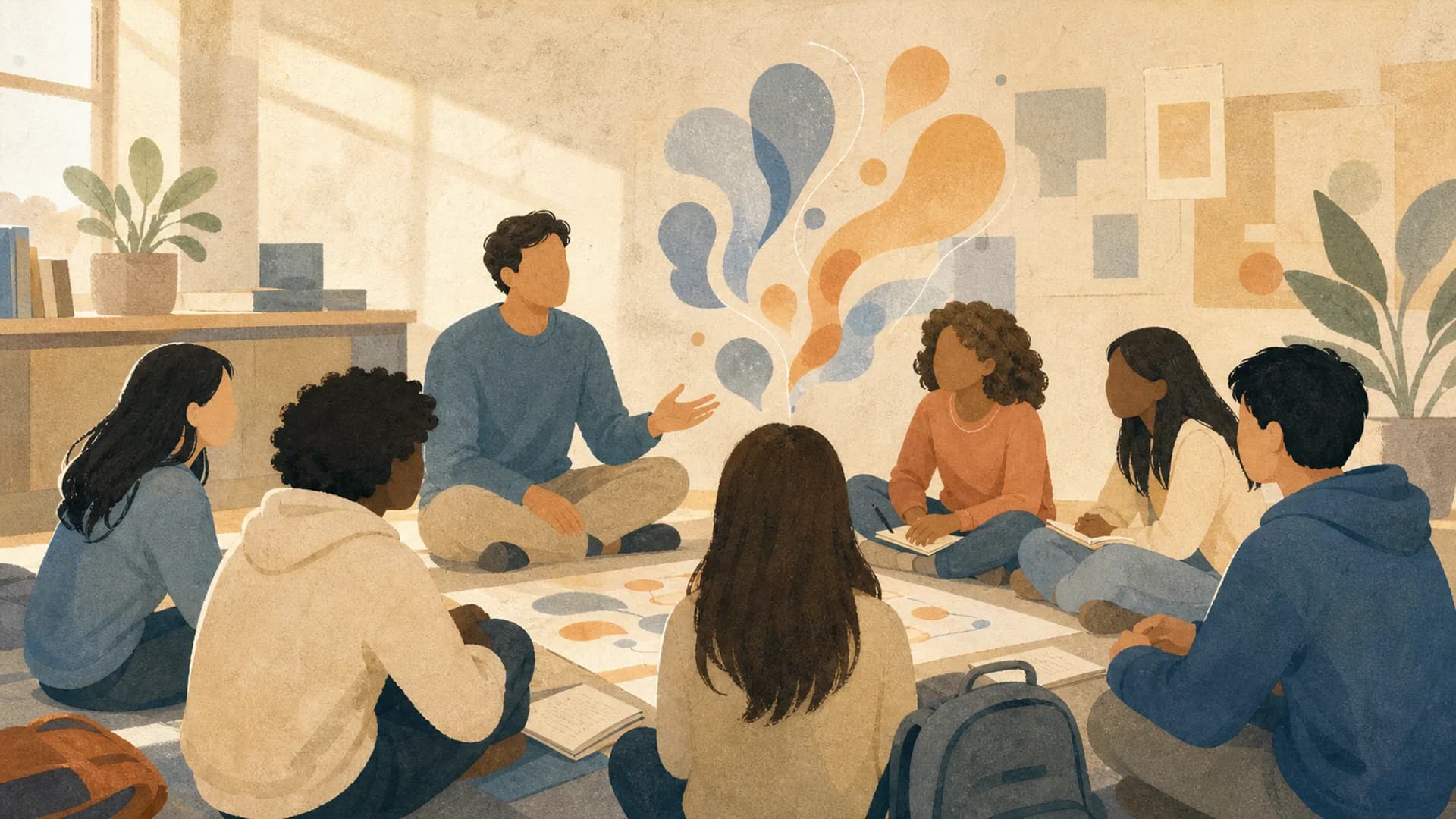 A facilitator guides students through emotional education in a classroom circle.