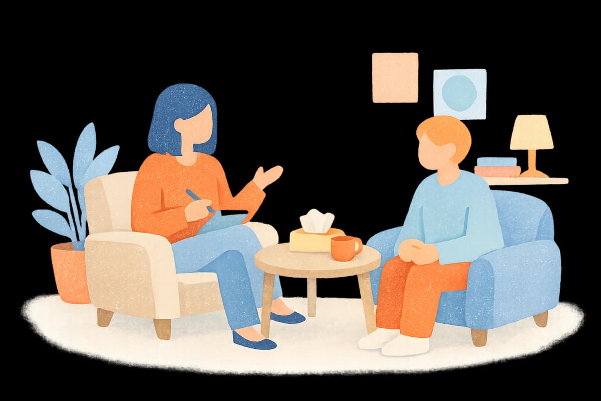 Two people sitting together in a comfortable session — one taking notes, the other sharing openly