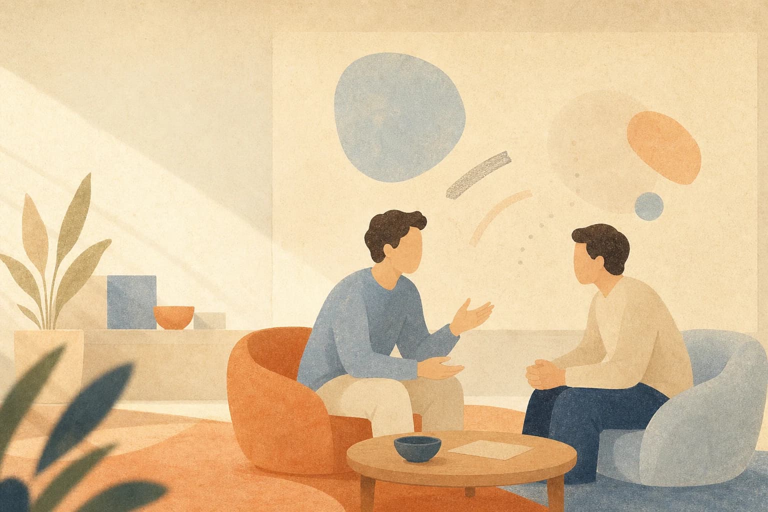 A facilitator and two participants in a calm studio conversation